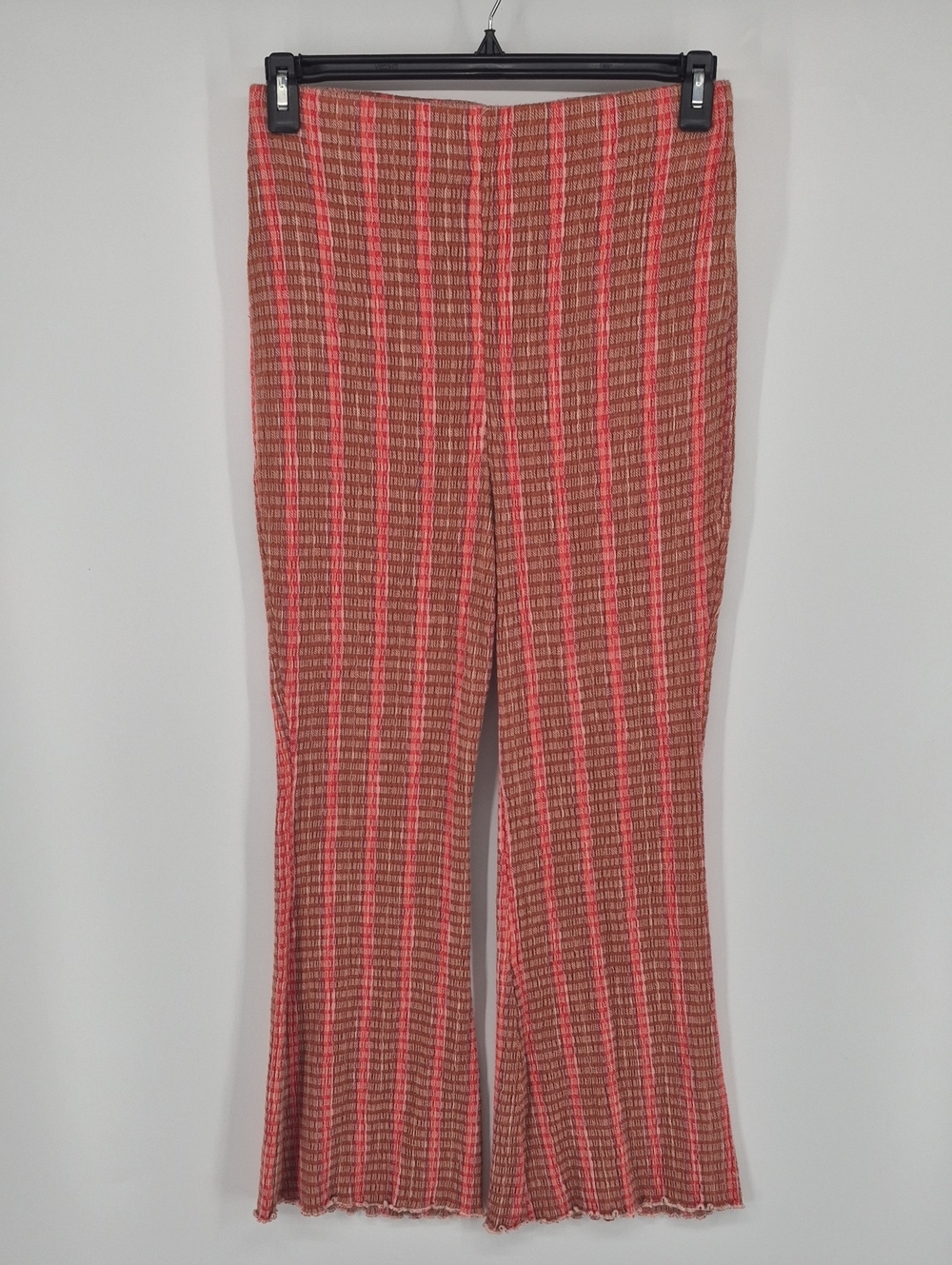 Free People L Plaid High Rise Bell Bottom Pants Pull On Stretch Cotton Elastane